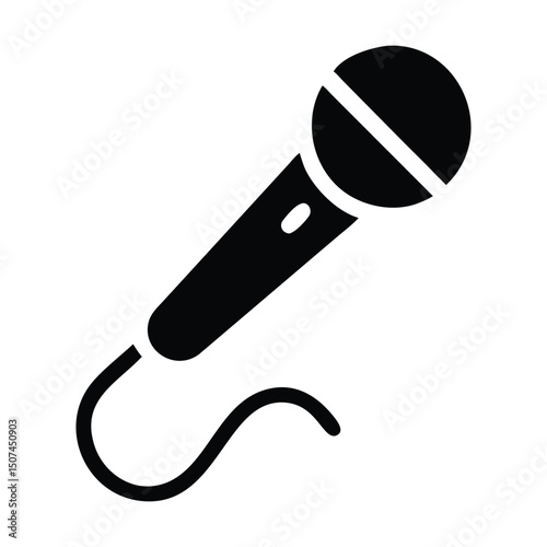 Silhouette Microphone Icon – Handheld Mic with Curved Wire for Speech, Singing, or Audio Recording