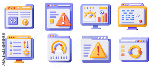 These colorful digital interface icons represent various technology functions and alerts, showcasing modern digital interface design with vibrant