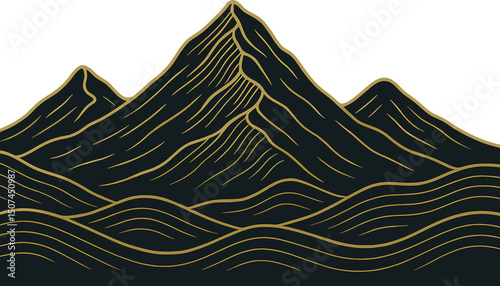 Luxury gold wallpaper design featuring mountain line art, suitable for covers, invitations, packaging, wall art, and prints, presented as a vector illustration