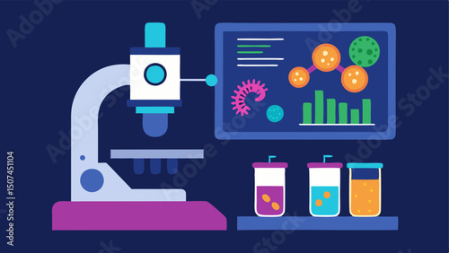 Microbiome Analysis Station A microscope setup focusing on a slide with a colorful array of bacteria cultures accompanied by digital analysis on a nearby screen.