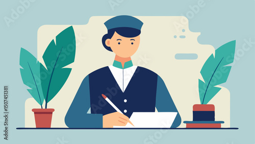 Calm Environment The officer in a serene office space plants in the background writing details with a quill pen for a vintage touch.