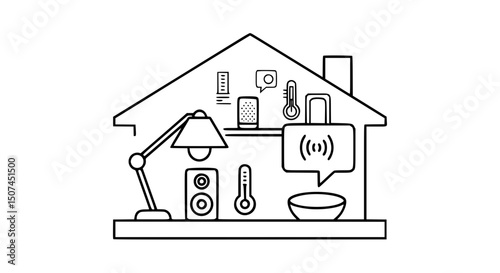 Smart home technology illustration controlled by voice assistant, line art style, monochrome, for websites