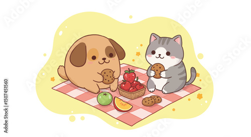 Cute cartoon dog and cat enjoying picnic with cookies and fruit on pink blanket in cozy setting 