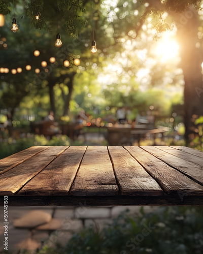 Rustic wooden table foreground with blurred backyard barbecue party scene in summer evening light