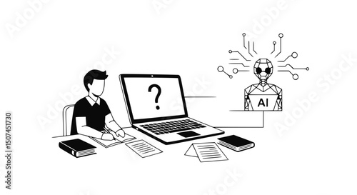 AI helping with school homework, monochrome illustration, for websites