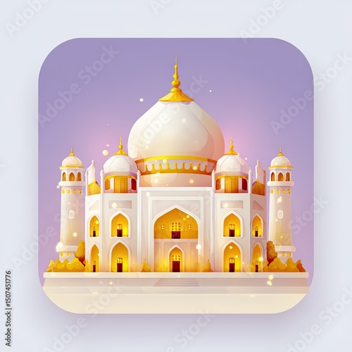 Stylized palace icon with golden domes and soft glow, palace design evokes fairytale charm, palace perfect for game apps, puzzle levels, or magical fantasy content in mobile interface design.