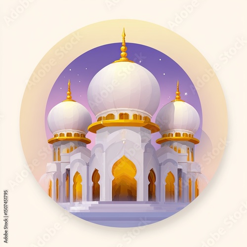 Glowing palace with golden domes and arched entrances, palace radiates magical elegance, palace icon ideal for fantasy games, level designs, or majestic mobile interface graphics.