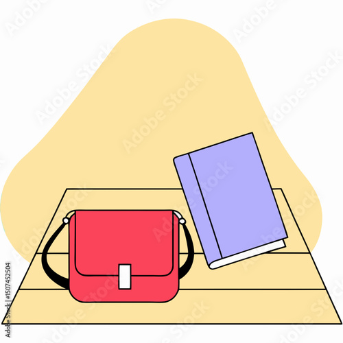 Vector flat illustration of a red shoulder bag next to a purple book on a striped surface, symbolizing education, style, and everyday carry for students or professionals.
