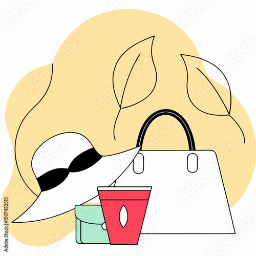 Vector flat illustration of a white handbag, sun hat, and skincare cream set against a yellow background, symbolizing summer fashion, beauty, and lifestyle accessories.