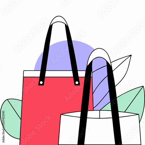 Vector flat illustration of various shopping bags with handles in bright colors, representing retail, shopping, consumerism, fashion, and lifestyle in a modern, minimal design.