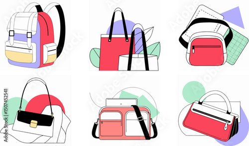 Set of flat vector colorful handbag and accessory icons, representing fashion, lifestyle, and variety in modern female accessories in a simple, trendy design.