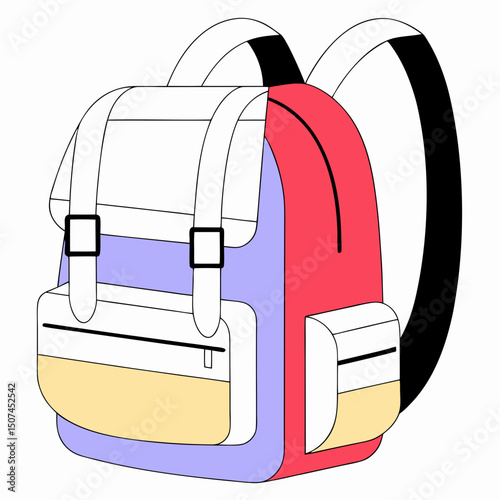 Flat vector illustration of a colorful backpack with multiple pockets and straps, symbolizing travel, education, adventure, and everyday carry in a simple modern design.