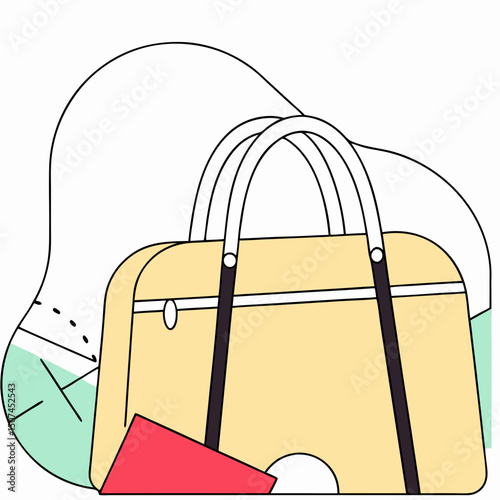 Vector flat illustration of a beige handbag with a red wallet and abstract geometric shapes, symbolizing elegant fashion, everyday style, and chic accessories.
