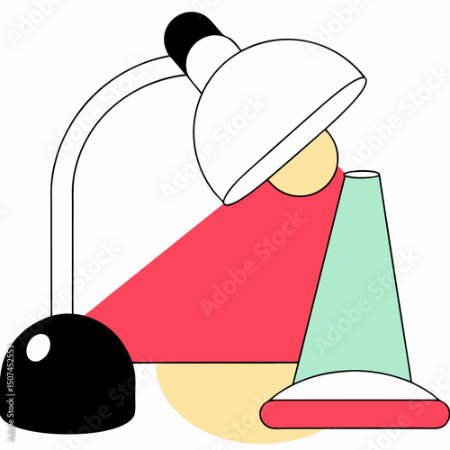 Vector flat illustration of a modern desk lamp casting red light onto a green cone-shaped object, symbolizing focus, workspace lighting, and minimalistic design.