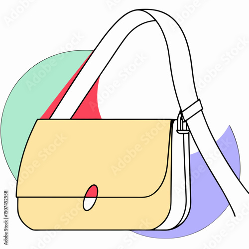 Yellow crossbody bag with adjustable strap and front clasp on colorful abstract background, practical and fashionable everyday shoulder bag for women