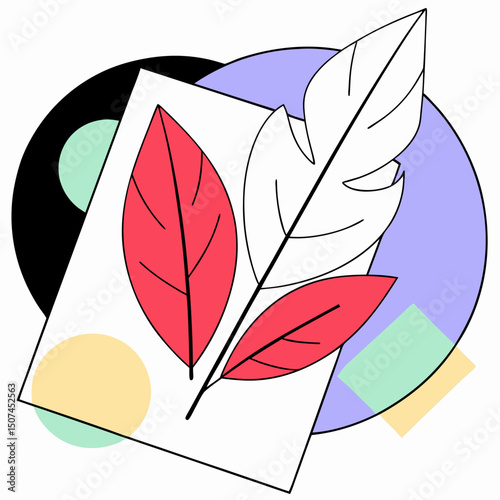 Vector flat illustration of a paper sheet decorated with red and white leaves, symbolizing nature, creativity, art, and design in a minimalistic, modern style.