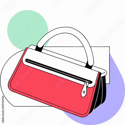  Stylish red handbag with white handle and zipper in modern flat design on abstract background