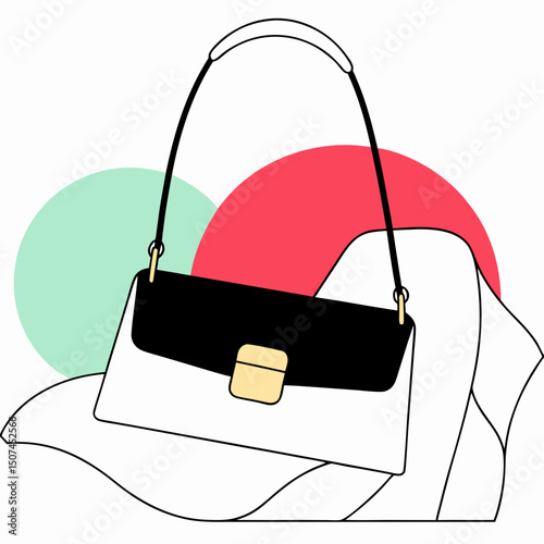 Vector flat illustration of an elegant black and white handbag with gold details, symbolizing luxury fashion, style, and sophisticated accessories in a clean, minimalist design.