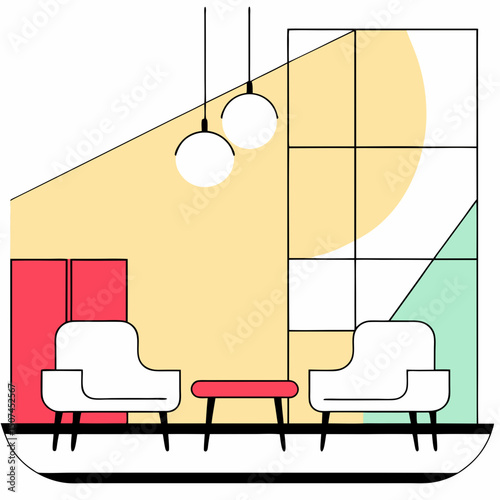 Vector flat illustration of a modern living room with two white chairs and a coffee table, symbolizing interior design, home decor, comfort, and minimalist lifestyle.