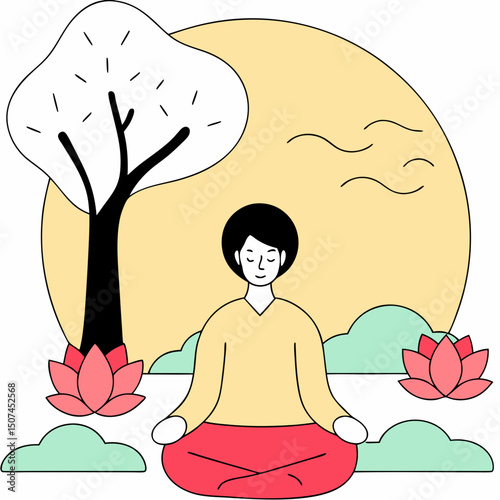 Flat vector illustration of a woman sitting cross-legged and meditating outdoors near a tree and lotus flowers, symbolizing mindfulness, peace, nature, and relaxation.