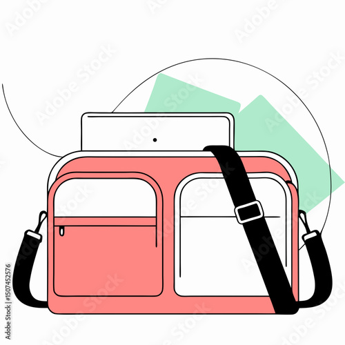 Vector flat illustration of a pink and white messenger bag with a tablet inside, representing tech-savvy fashion, modern accessories, and functional urban style.