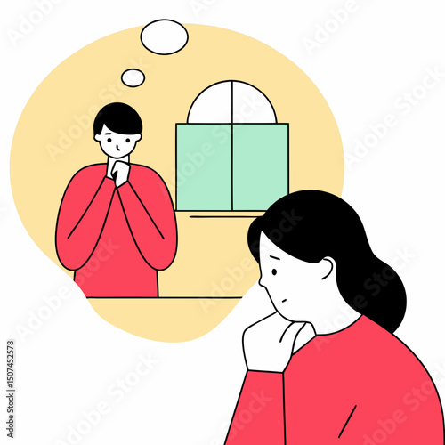 Woman thinking and worrying indoors, visualizing a concerned man in a thought bubble, depicting emotional stress and relationship tension