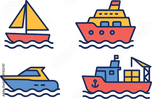 Vector illustration of boat and ship icons on a white background in thin line style