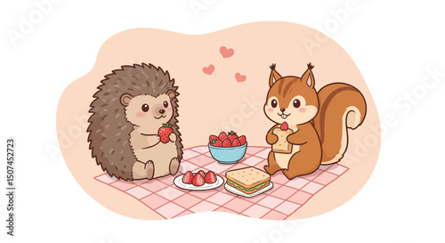 Hedgehog and squirrel having picnic with strawberries and sandwich on checkered blanket in cute illustration 