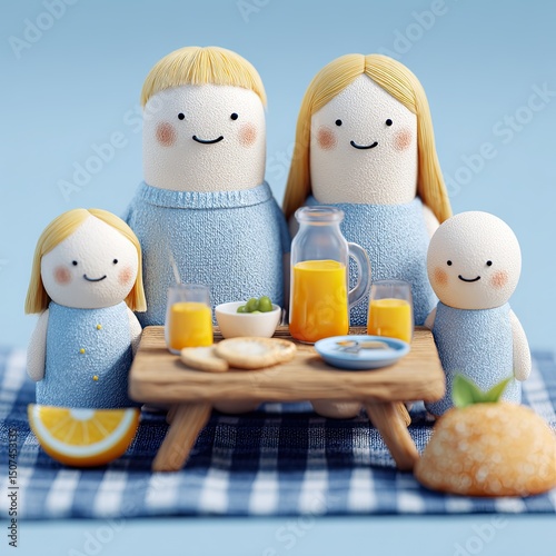 Family smiles around picnic table with juice and fruit, family moment expresses warmth and joy, family scene highlights connection and fun