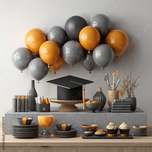 Graduation cap and festive treats arranged in black and gold theme, graduation setup shows elegant celebration, graduation vibe brings stylish mood