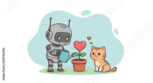 Robot watering heart-shaped flower pot while cute cat watches in digital illustration 