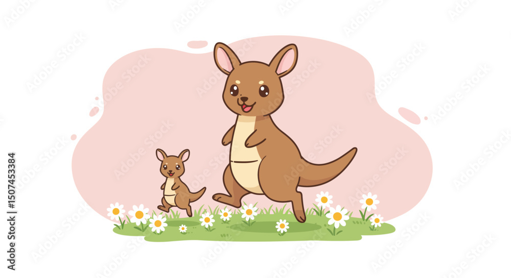 Obraz premium Kangaroo mother and baby hopping in grassy field with daisies and pink background for playful wildlife scene 
