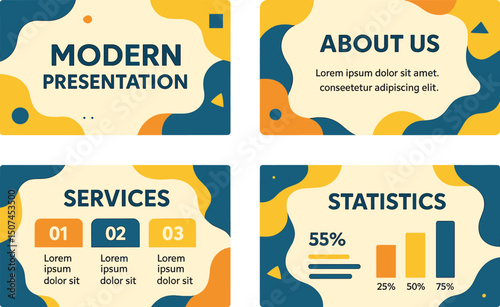 A set of modern PowerPoint presentation templates is available for use in various applications, including keynote presentation backgrounds, brochure designs, website sliders, landing pages, annual