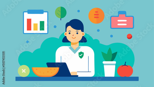 Nutritionist at Desk A nutritionist sitting at a desk surrounded by colorful fruits and vegetables analyzing a computer screen displaying a genetic profile and biomarker charts.