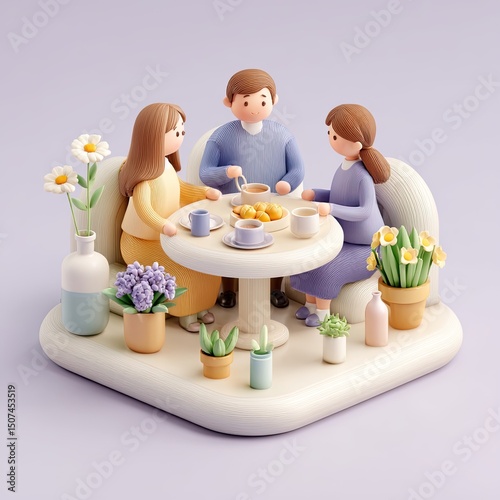 Three people sharing warm meal at table surrounded by flowers, family interaction captured in cozy spring scene, family moment full of calmness and gentle connection.