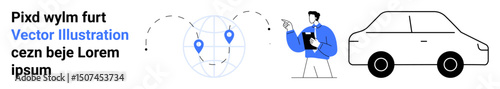 Globe with geolocation pins, a man holding a smartphone, and a simple car outline. Ideal for navigation, travel planning, GPS services, transportation, ridesharing, technology simple landing page