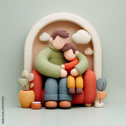 Dad hugs child in calm pastel room, dad presence comforts with warmth and love, dad and child connection glows in peaceful modern family interior.