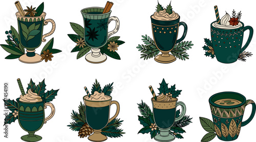 Set of cozy winter mugs with hot drinks, whipped cream, spices, festive holiday foliage, pinecones, cinnamon