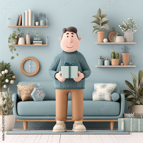 Cartoon man holding wrapped gift in cozy blue interior, gift symbolizing holiday spirit, gift bringing warmth to celebration,