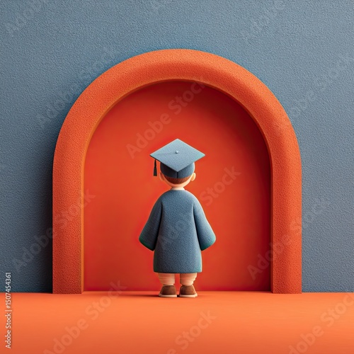 Cartoon student standing before arch in graduation robe, graduation marking transition into new chapter, graduation captured in bold color and minimal style