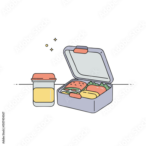 Lunchbox with assorted food items and jar of sauce on white background  