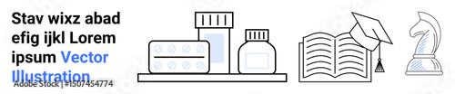 Medicine bottles, pills, and blister packs alongside an open book with a graduation cap and chess piece. Ideal for education, healthcare, knowledge, strategy, research, innovation simple landing