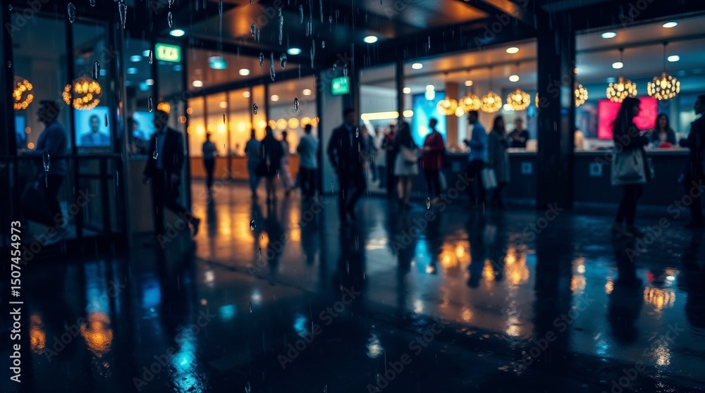 Fototapeta premium People walking in modern shopping center at night with reflections 