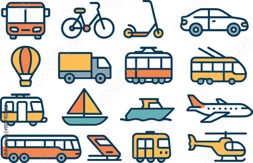 This collection includes a variety of public transportation vector line icons, featuring items like buses, bicycles, scooters, cars, balloons, trucks, trams, trolleys, sailboats, powerboats