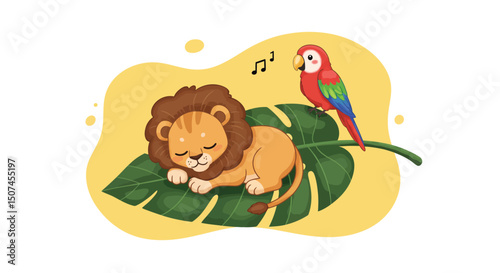 Sleeping lion cub resting on large leaf with colorful parrot singing nearby in playful jungle scene 