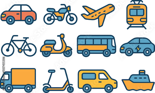 This icon set, called Vehicle Line, features various modes of transportation, including cars, bicycles, planes, trains, and more, with editable strokes in a vector format
