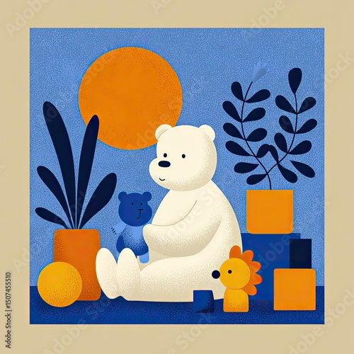 White bear holds blue toy in colorful play scene, bear playtime captured in modern style, bear surrounded by shapes, toys, and cheerful design energy.