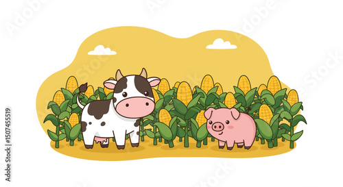 Cow and pig standing in front of ripe cornfield with yellow sky background natural farm scene 