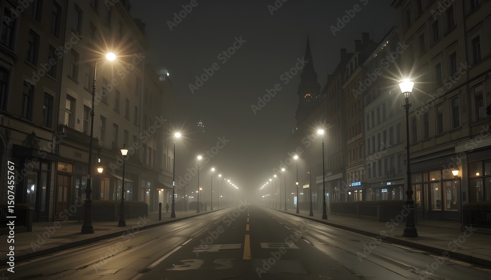Fototapeta premium Foggy Night City Street with Illuminated Lampposts