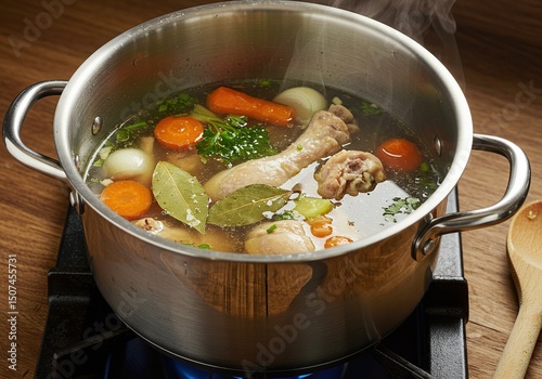 Steaming Pot of Homemade Chicken Stock or Soup with Vegetables on a Stove - Comfort Food and Healthy Cooking.